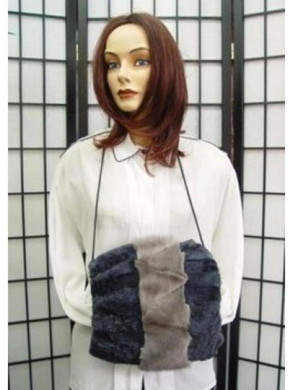 NEW BLUE SHEARED RABBIT & GREY MINK HAND MUFF PURSE